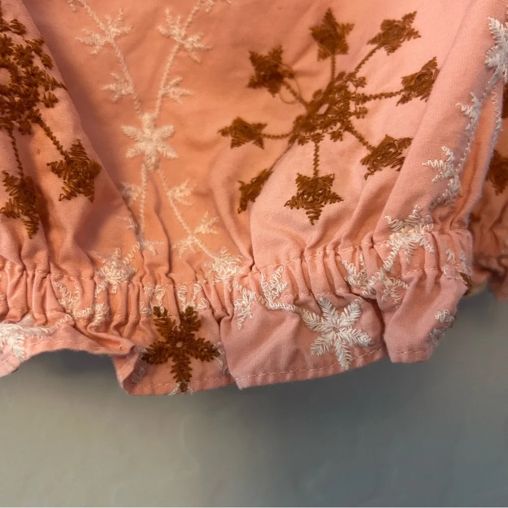 Zara women's coral peach floral embroidered cropped puff sleeve blouse size xs
